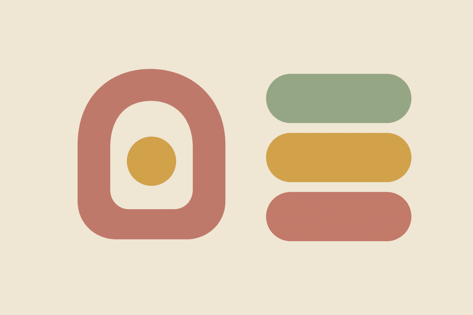 Abstract rose-colored shelter surrounding a small amber circle, alongside sage, amber, and coral shapes on an ivory background