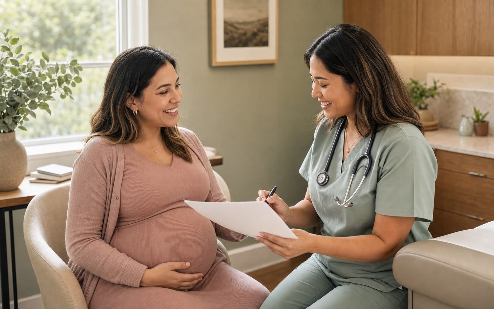 Clinician counseling a pregnant patient during a prenatal visit