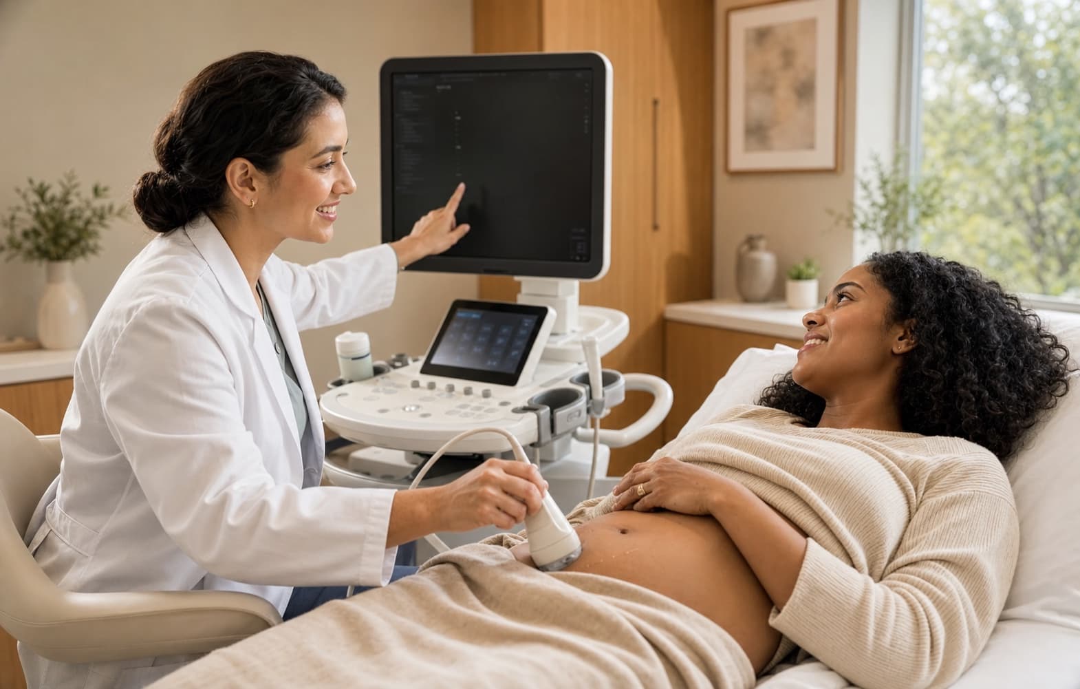 Clinician performing an ultrasound for a pregnant patient