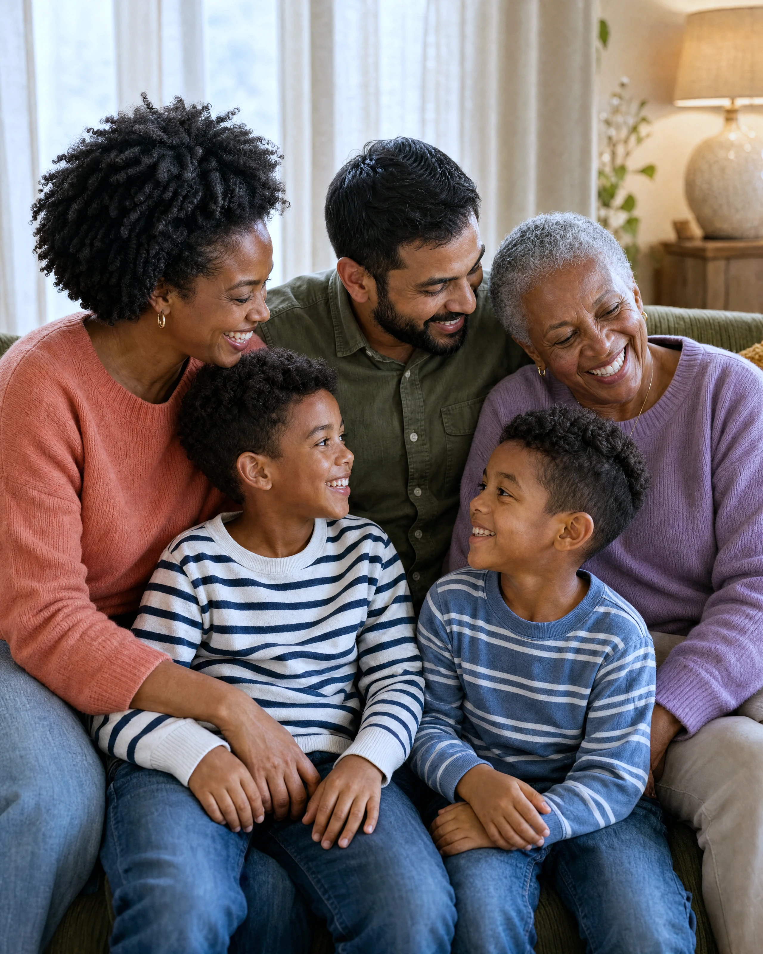 A laughing multi-generational family on a couch — Anna Health family medicine