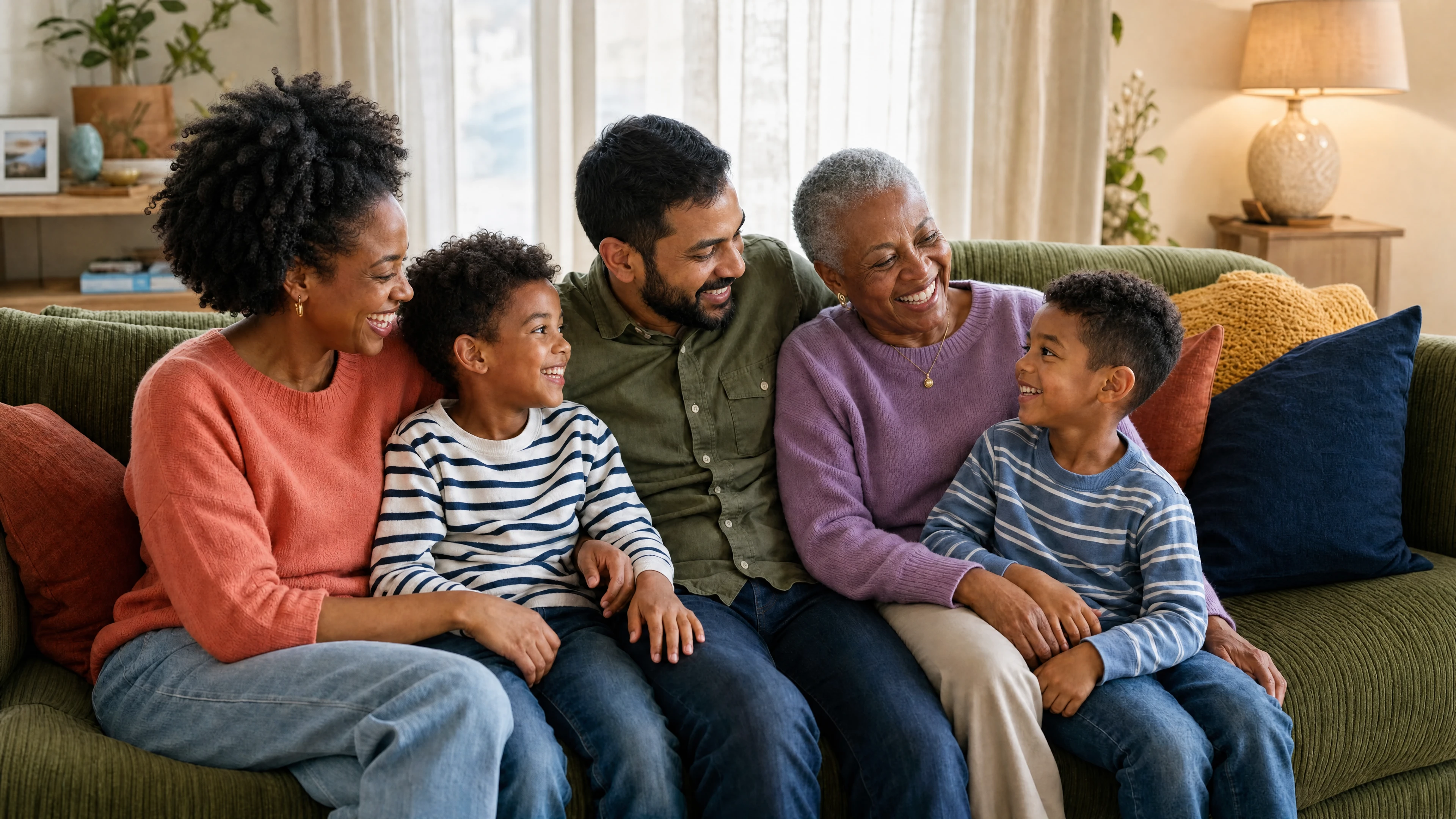 A laughing multi-generational family on a couch — Anna Health family medicine