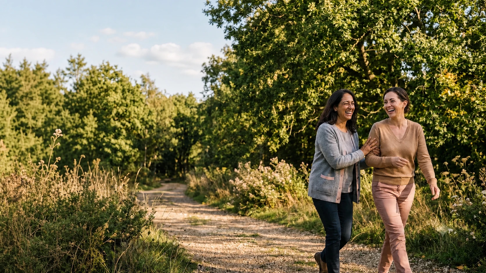 Two women laughing together on a sunlit, tree-lined path