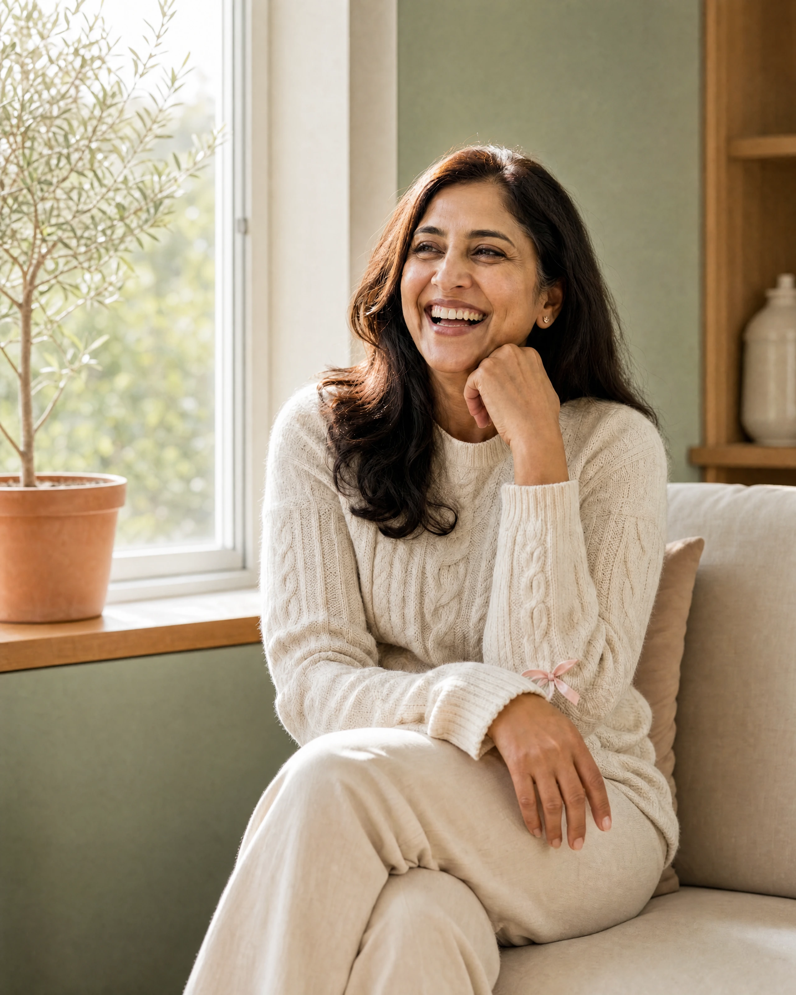 A woman laughing by a sunlit window — Anna Health gynecology & obstetrics