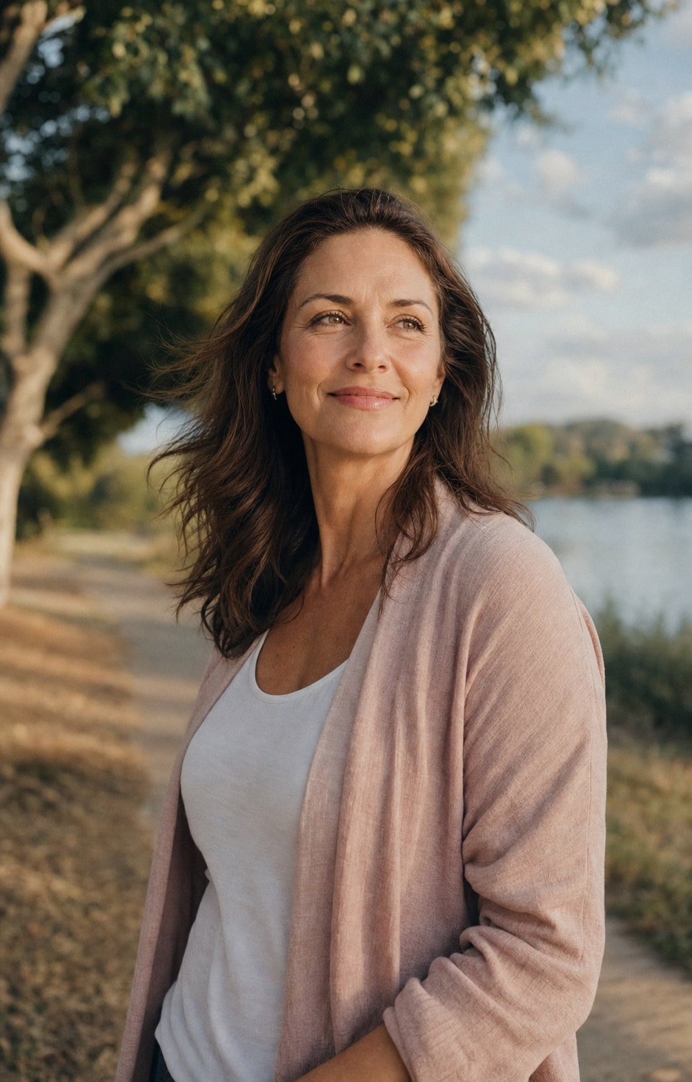 Woman smiling on an outdoor walk by the water