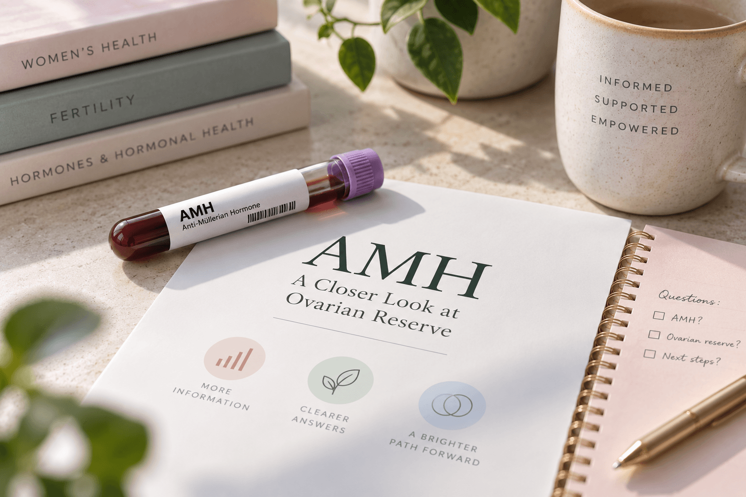 AMH blood test and fertility planning materials representing ovarian reserve testing