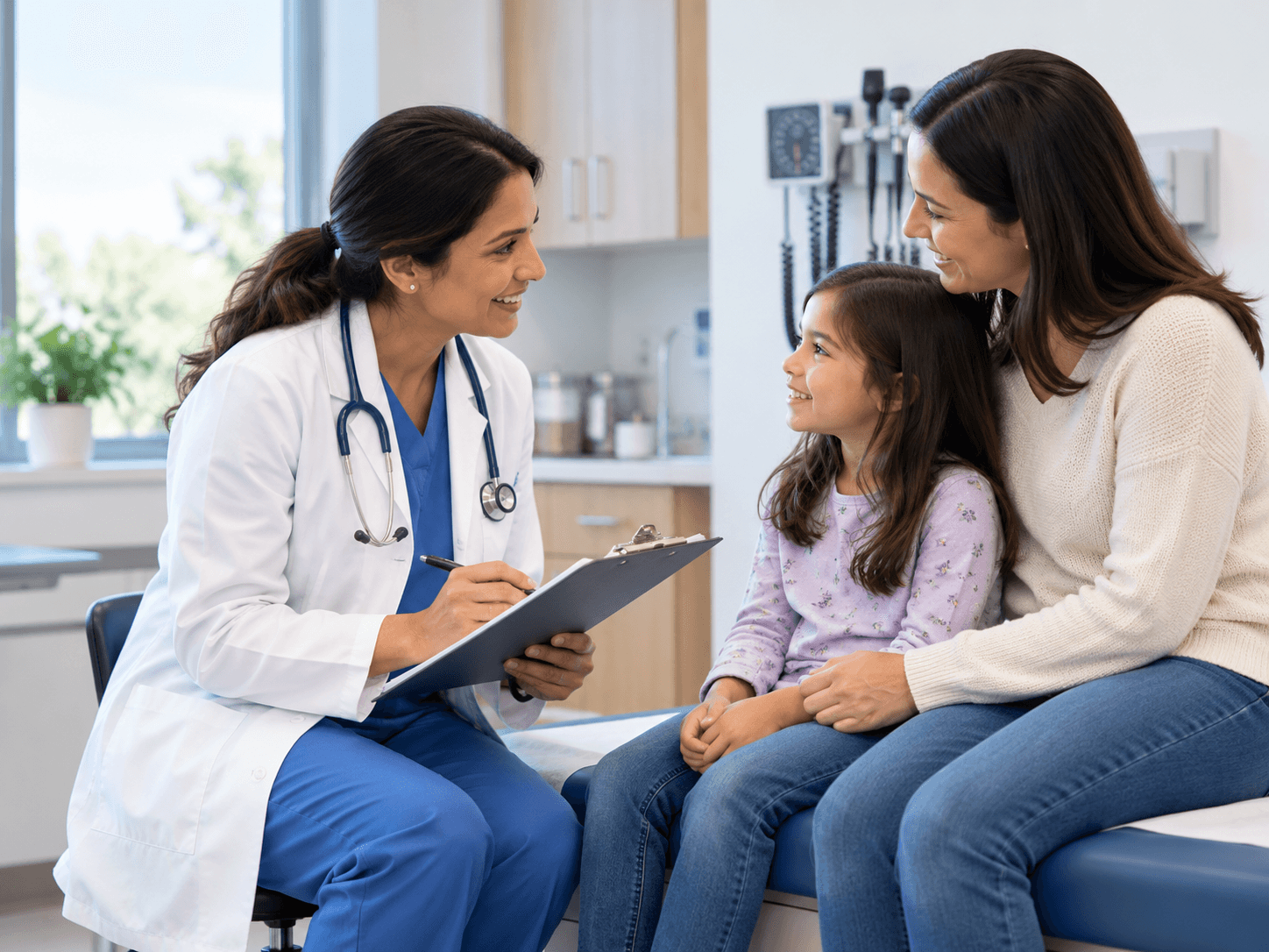 Anna Health family medicine provider talking with a patient in an exam room.