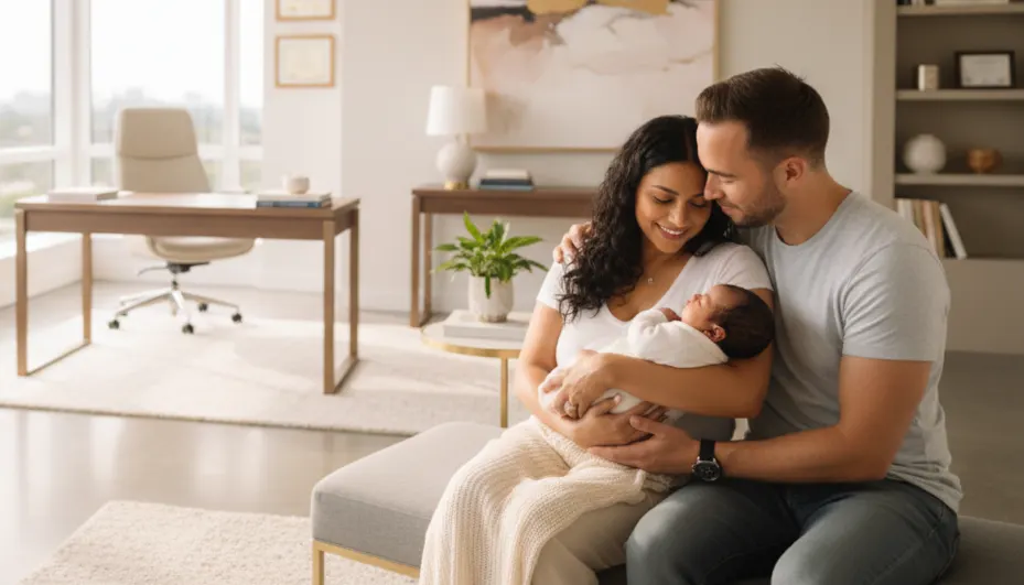 New parents holding their newborn.