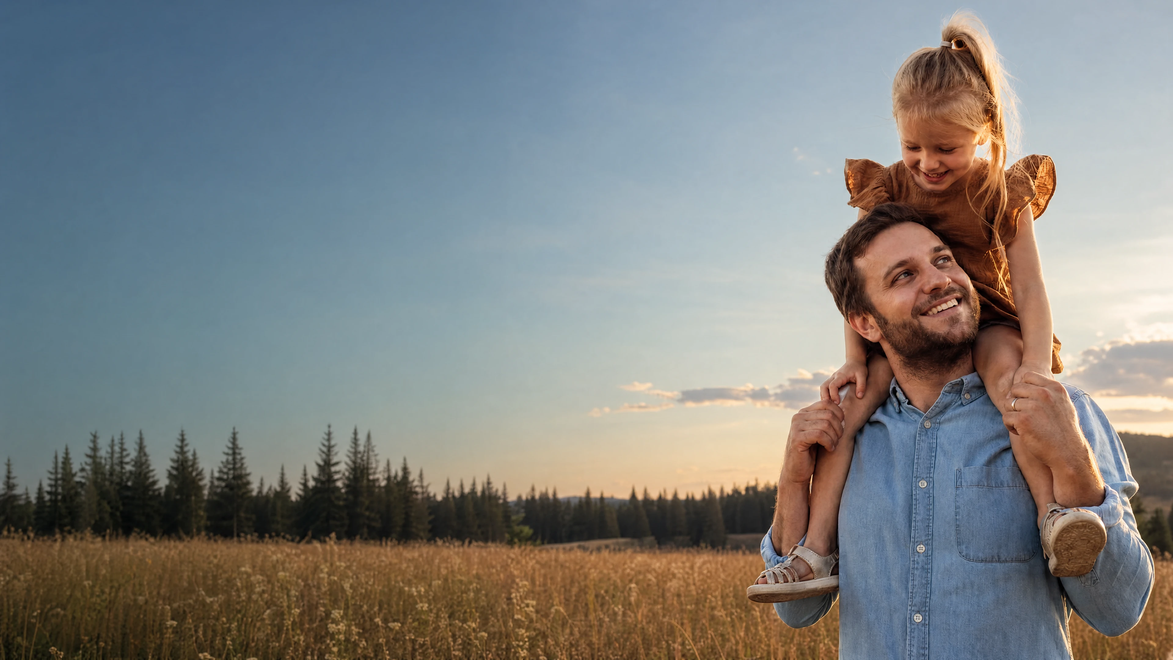 A father carrying his young daughter on his shoulders in a field — Anna Health fertility care
