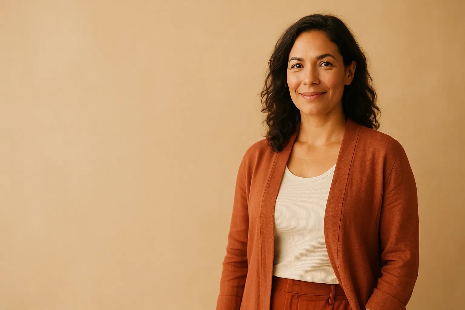 A woman standing against a warm terracotta background.